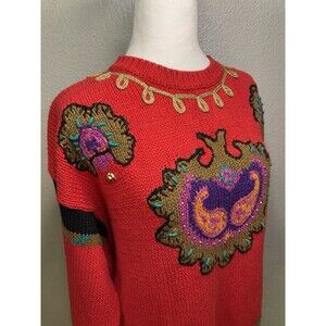VTG 90s Rebecca Stone L Pop Artsy Sweater Boho Indie Ribbon Embellish Granny